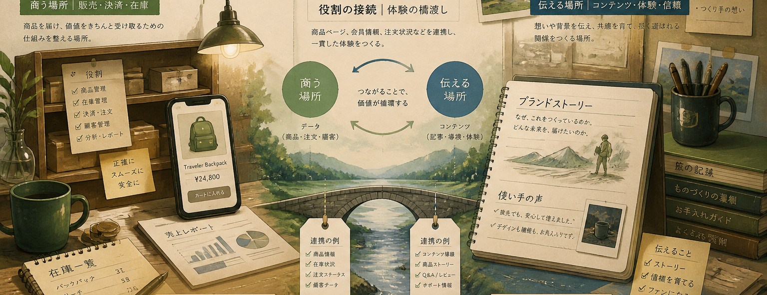販売と情報発信の役割を分けるイメージ