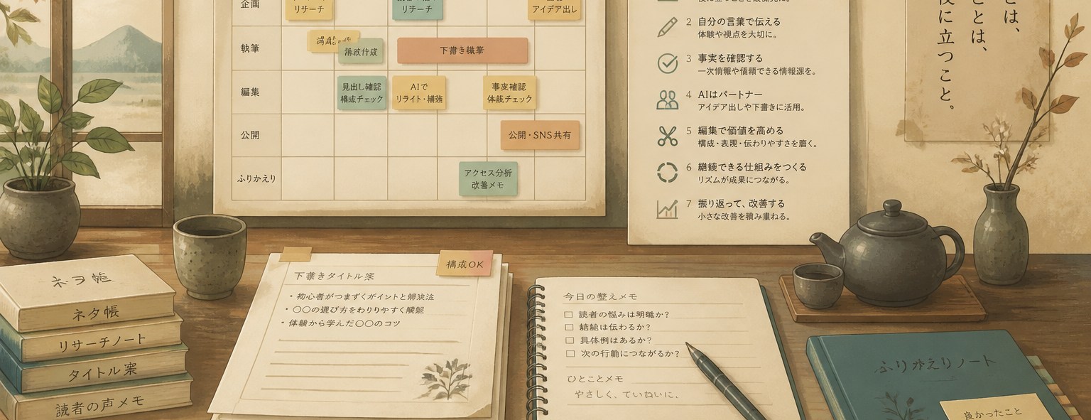 AI下書きと公開リズムを分けるイメージ