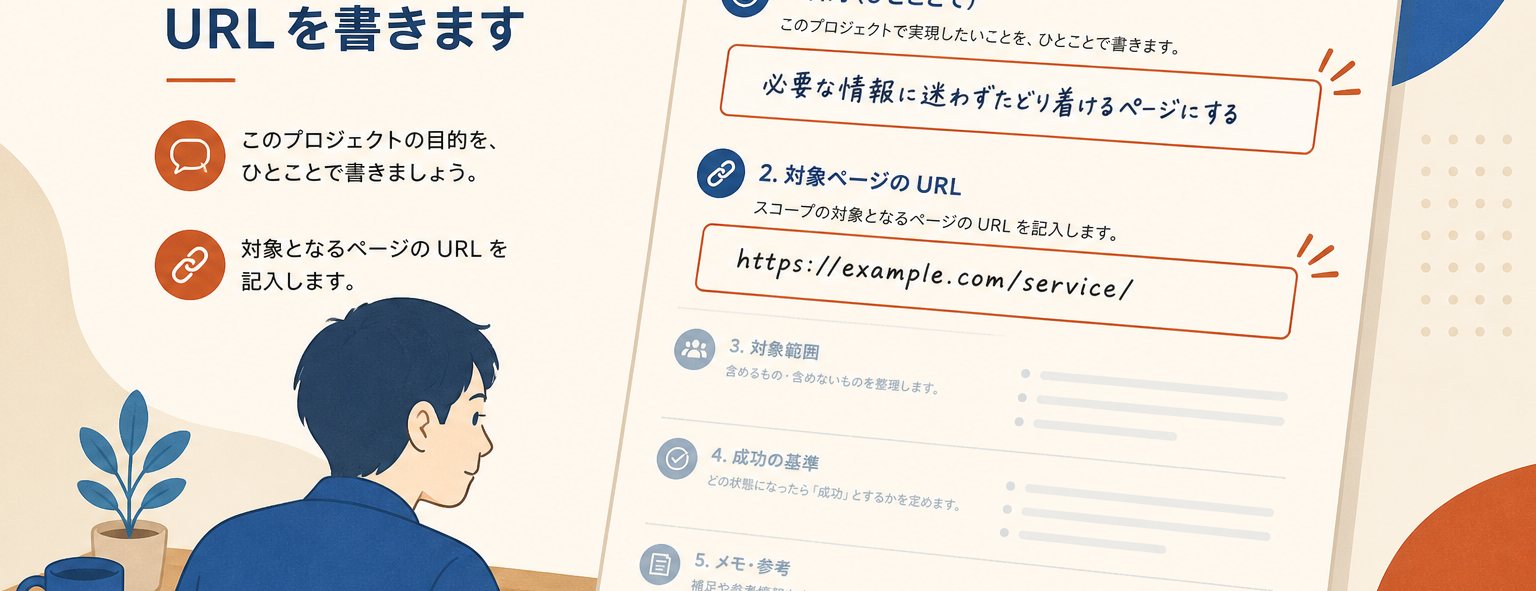 依頼範囲の目的とURLを1ページの空欄に書くシーン