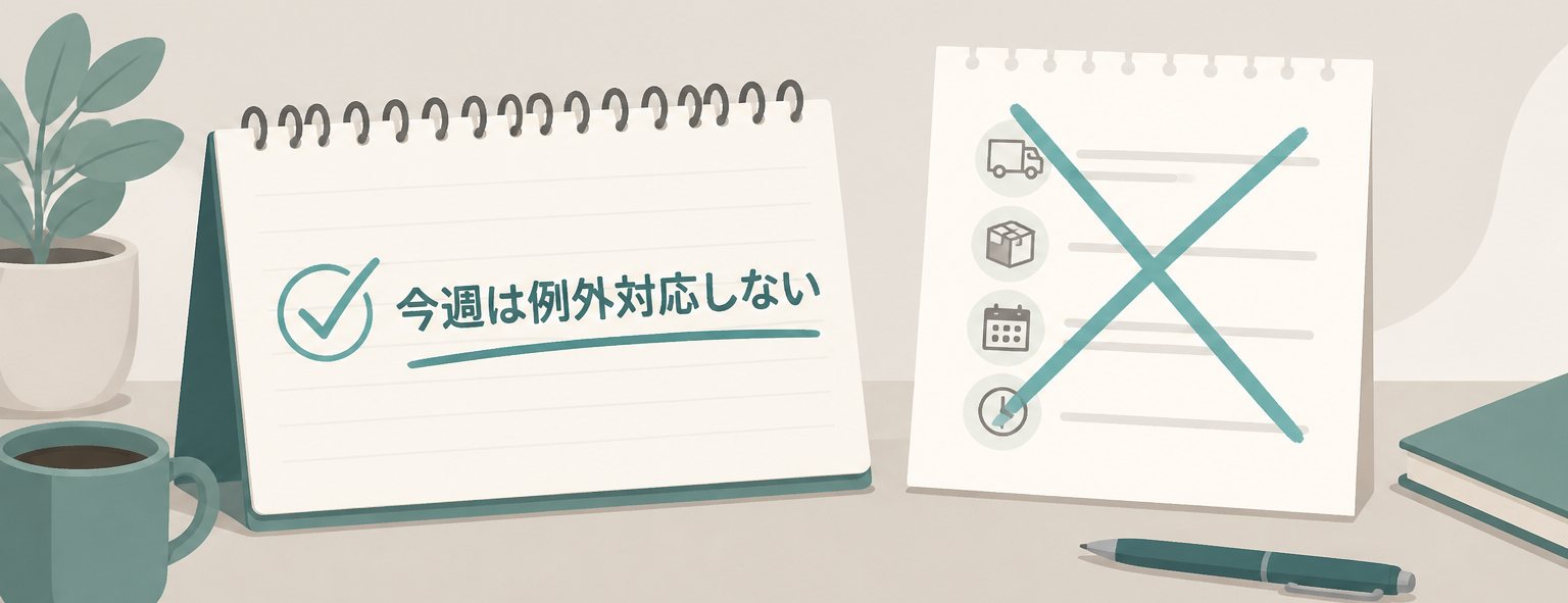 送料の1行方針と今週採用しない例外リストをメモに書くシーン