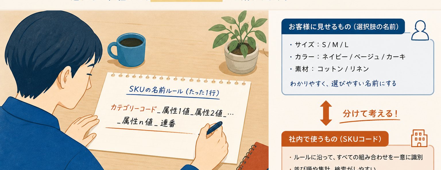 SKUの1行命名ルールをメモに書いて客向け名と分けるシーン